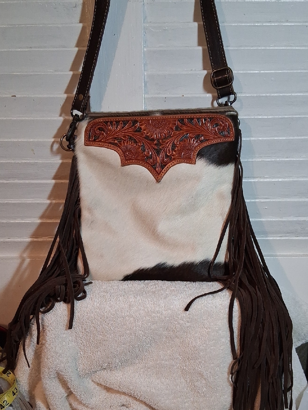 Myra Tooled Leather Cowhide Fringe Crossbody